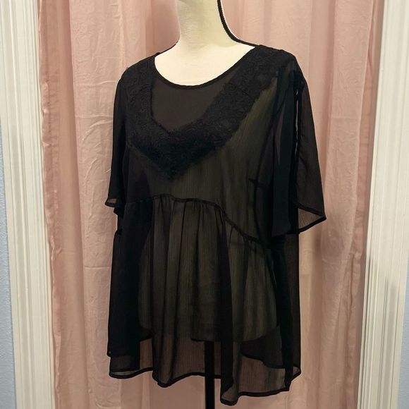 torrid Tops - Black Sheer Blouse with Lace Inlay